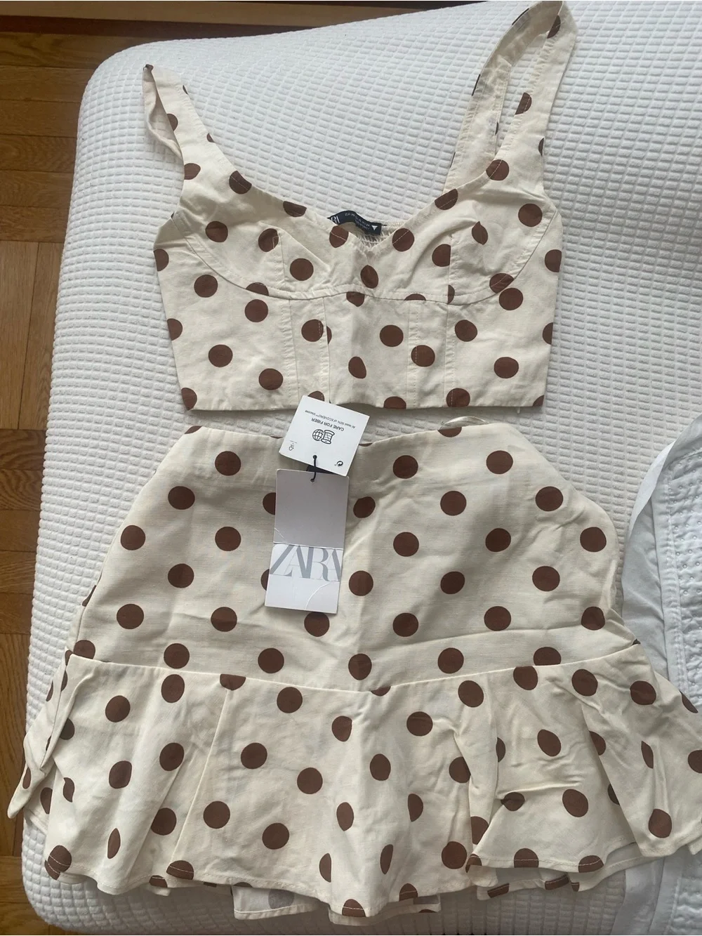 Zara Cream Two-Piece Polka Dot Crop Top & Skirt - Brown Dots